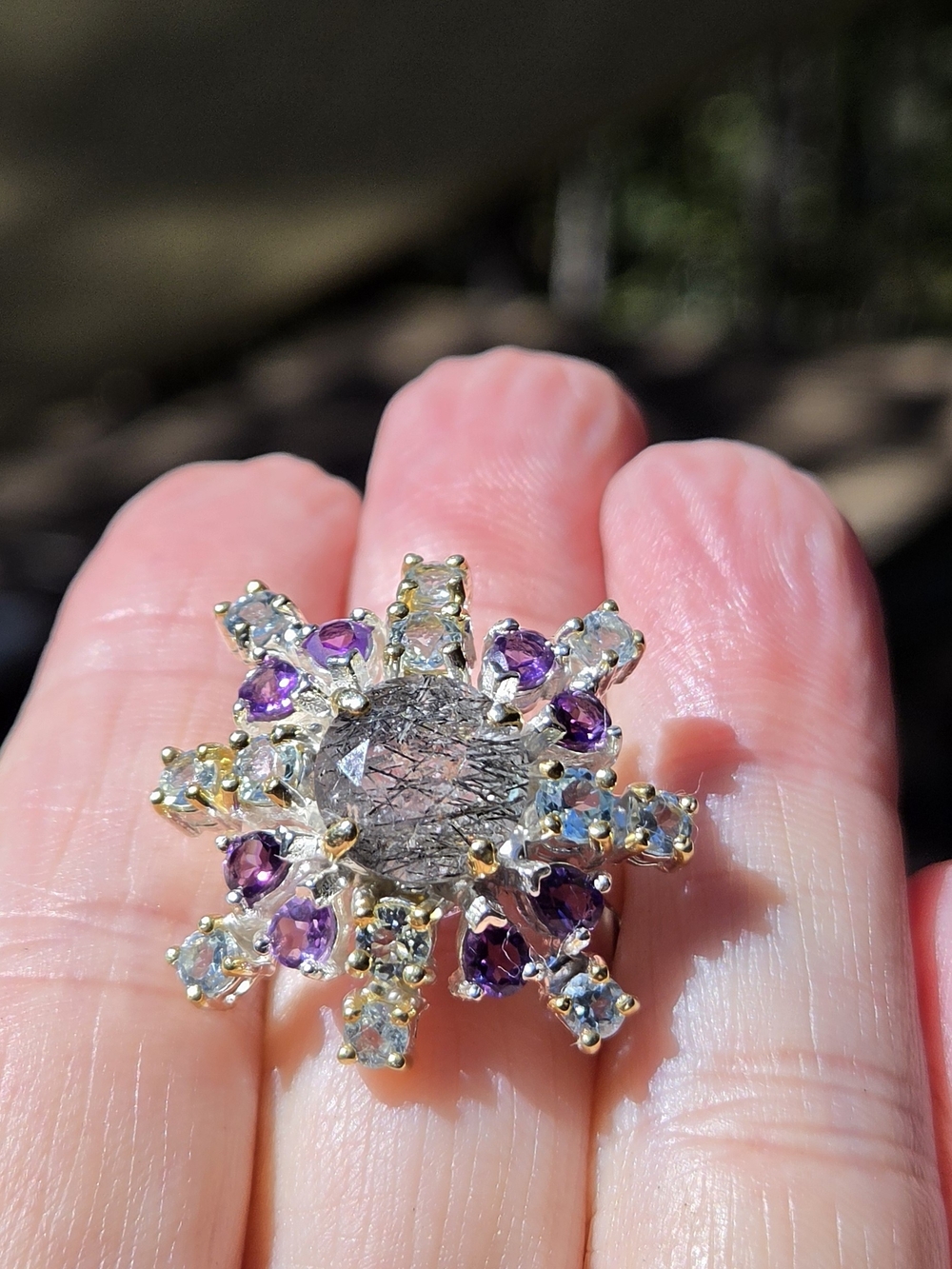 Rutilated Quarts Topaz & Amethyst Sterlung & Gold Snowflake Ring Sz7.5